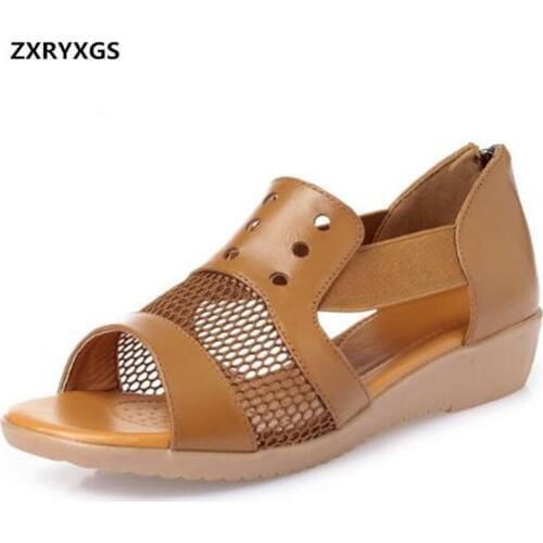 ZXRYXGS Summer Open Shoes Casual Sandals 2019 Plus Size Breathable Mesh Genuine Leather Sandals Flat Non-slip Women Sandal Shoes