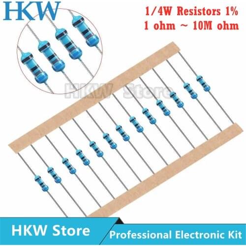100pcs 1/4W 1R~22M 1% Metal film resistor 100R 220R 1K 1.5K 2.2K 4.7K 10K 22K 47K 100K 100 220 1K5 2K2 4K7 ohm resistance