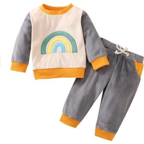 2020 Autumn Newborn Baby Boy Girl Long Sleeve Rainbow T-shirt Tops Long Pant Trouser 2PCS Clothing Set 0-3Y