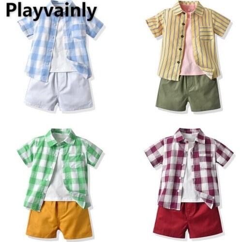 2021 Summer boy Clothing Sets plaid Short Sleeve Shirt+cotton T-shirt +shorts fashion Outfit Children Clothing E100122
