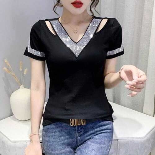 #6064 Black White Hollow Out Off Shoulder T Shirt Women Cotton V Neck Diamonds Sexy Basic T Shirt Short Sleeves Korean Style