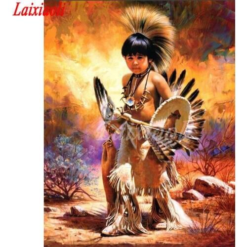 5D DIY Diamond painting Native Indian boy and feather Cross Stitch kits Full drill square round Diamond embroidery Mosaic decor