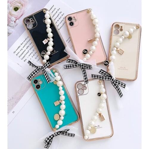 Luxury pearl Chain Wrist Strap Phone Case for IPhone XR 11 12 Pro Max 12Pro Plating Soft TPU Case for IPhone X XS 7 8 Plus Cover