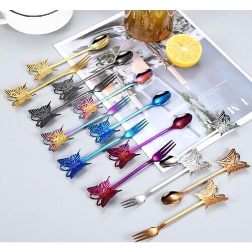 Dessert Cake Fork Stainless Steel Coffee Spoon Butterfly Fruit Fork Milk Shake Spoon Reusable Spoon Smoothie Spoon