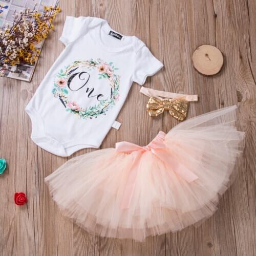 Emmababy Newborn Baby Girl Clothes Flower Print One Birthday Clothing 3Pcs Romper Tops Headband Tutu Tulle Skirt Outfits Clothes