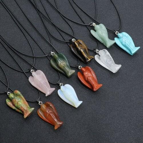 Healing Reiki Natural Stone Crystal Necklace for Women Men Lovely Angel Figurine Tiger Eye Opal Pink Crystal Pendant Pendulum