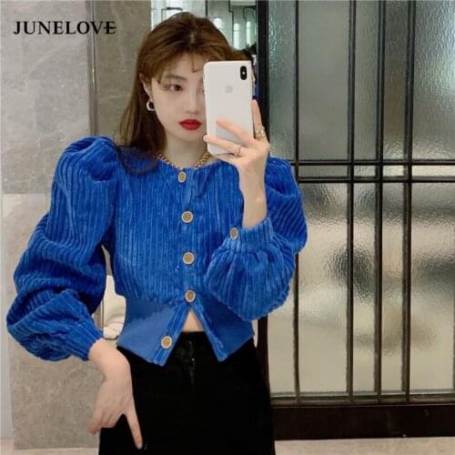 JuneLove Spring Retro Corduroy Short Shirts Women French Style All-match Long Puff Sleeve Blouses Tops Single Breasted Blusas