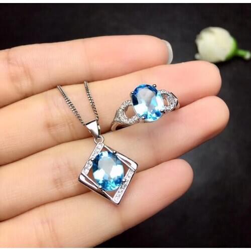 Natural blue topaz s925 sterling silver fashion fine jewelry sets for women party natural gemstone ring Pendant