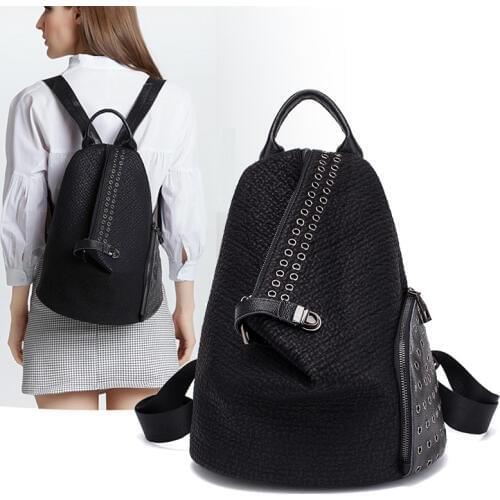 OCEHNUU Fashion Women Backpack Cowhide And PU Leather School Bags For Teenage Girls Rivet Ladies Back Pack Bags Plecak Damski
