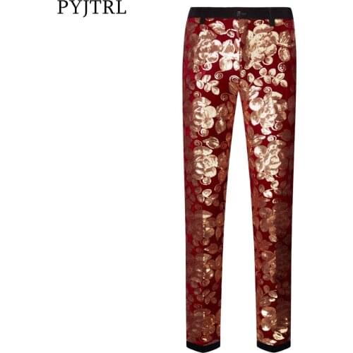 PYJTRL Men Red Wine Velvet Casual PantsSequins Floral Shiny Wedding Groom Singer Expandable Waist Trousers