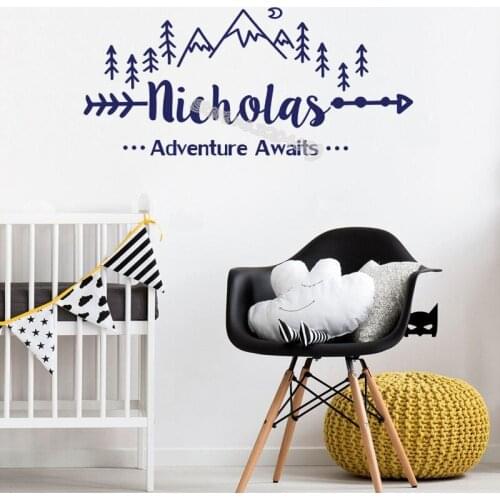 Adventure Awaits Quotations Wall Sticker Boy Custom Name Mountain Arrow Decal Hill moon woodland Forest Nursery poster EB490