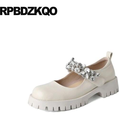 Bride Beige Mary Jane Ladies Beautiful Flats Shoes Rhinestone Designer Patent Leather Wedding Chunky Women Rubber Sole Crystal