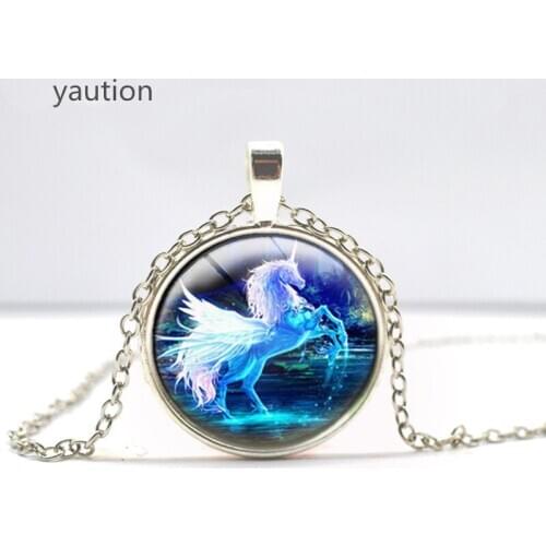 New Unicorn With Rainbow Cabochon Tibetan silver Glass Chain Pendant Necklace