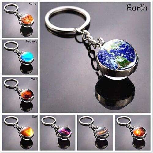 Single Sell Shine Solar System Key Chain Planet Keyring Galaxy Nebula Space Moon Earth Sun Mars Glass Ball Douside Keychain