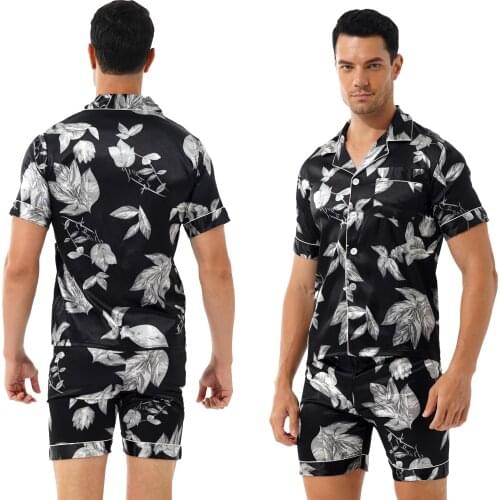 Sation Pajama Set Men Summer Stylish Print Two-Piece Sleepwear Nightwear Loungewear Short Sleeve Shirt with Shorts Home Clothing