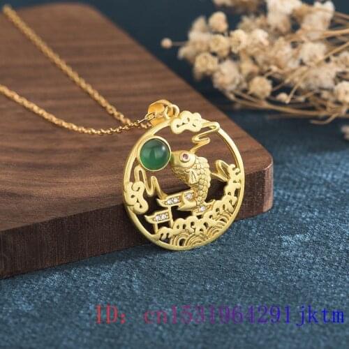 Green Jade Carp Pendant Gemstone Zircon Charm 925 Silver Chalcedony Amulet Necklace Gifts Chinese Fashion Jewelry Natural Fish