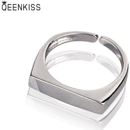QEENKISS RG6183 Fine Jewelry Wholesale Fashion Woman Girl Birthday Wedding Gift Simple Square 18KT Gold White Gold Open Ring