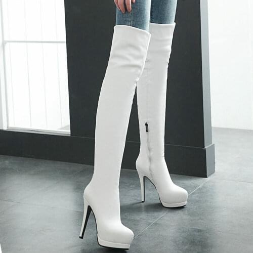 Fashion Over The Knee Boots Womens Winter Boots 13CM High Heels Long Boots Round Zipper Shoes Woman Black White