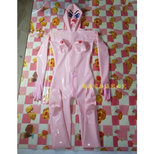 Sexy Pink Full Body 3d Breast Latex Catsuit Gummi Fetish Rubber Bodysuits with Back Crotch Zip
