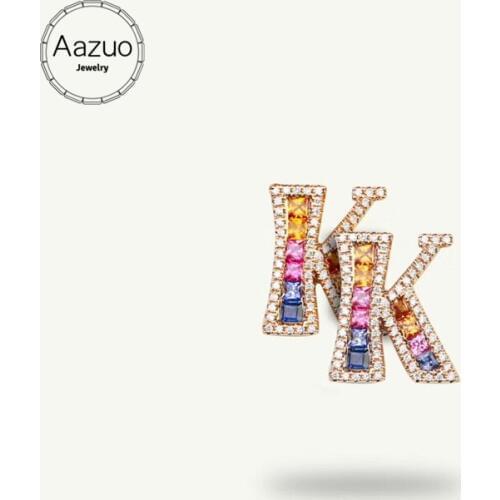 Aazuo 18K Jewelry Rose Gold Natural Coloured Gemstone Real Diamond Initial Lucky 26 Letters Stud Earring gifted for Women Au750