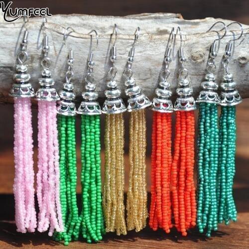 Yumfeel Handmade Resin Seed Bead Tassel Earring Fashion Bohemian Vintage Dangle Earrings Women Beach Jewelry Gifts