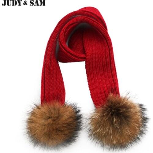 1-3Years Woolen Blends Scarves Children JS FUR Brand New Wool Knitted Winter Fur Scarf With Detachable Real Raccoon Fur Pom Poms
