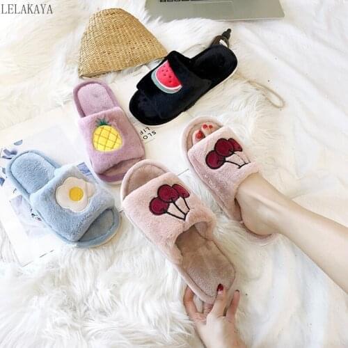 New Women Men Cartoon Slippers Cute Fruits Cherry Strawberry Winter Warm Cotton Indoor Home Shoes Soft Stuffed Plush Flip Flops