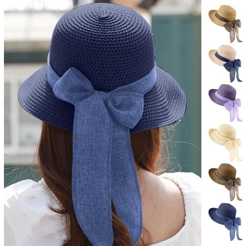 Womens Summer Sun Protection Holiday Sun Protection Beach Hat Sun Hats Visor Hat Big Brim Classic Bowknot Folding Straw Hat