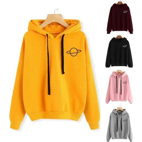 Harajuku Hoodies Pullover Womens Solid Color kpop Hooded Tops Female Planet Print Sweatshirt Winter Casual Sportswear