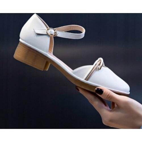 Mary Janes Pumps Genuine Leather Women Sandals Chunky Heel Round Toe Bowknot Lovely Shoes Summer Buckle Strap Ladies Footwear