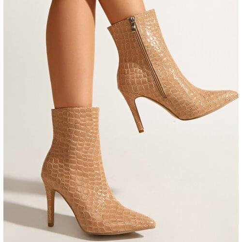 Top Quality Cow Leather Stone Pattern Boots Knee High Side Zipper Stiletto Thin Heel Dress Women Shoes Genuine Leather 35-42