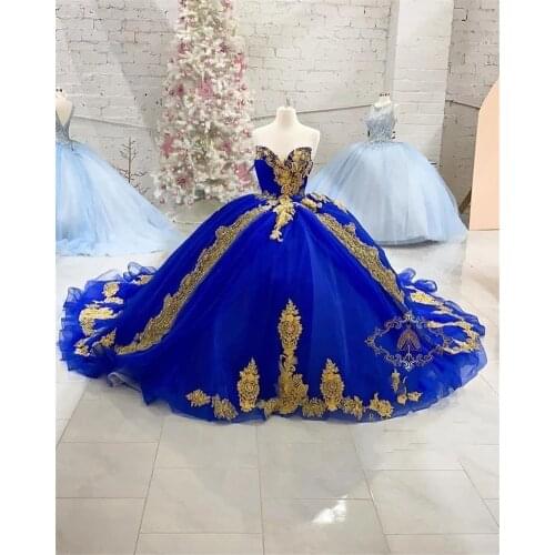 Royal Blue Gold Lace Vestidos De Novia Quinceanera Dresses Sweetheart Lace-up Long Train Gowns Women Plus Size Prom dress