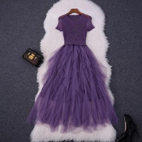 Women plus size black mesh dress summer 2021 mid-calf fit and flare short sleeve stretch pleated ruffles gothic dresses purple