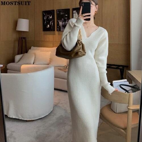 Elegant Solid Knitted Women Long Dress Autumn Full Sleeve V-neck Pencil Dresses Basic Fashion Sweater Vestidos Mujer 2021