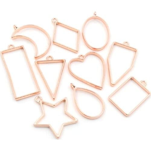 10pcs/Set Rose Gold Plated High Quality Geometric Figure charm Photo Frame Hollow Glue pendant charms DIY Handmade