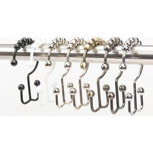 12pcs/pack Stainless Steel Shower Curtain Hooks With 8 Rollerball Curtain Glide Rings Window Home Bathroom Accessories