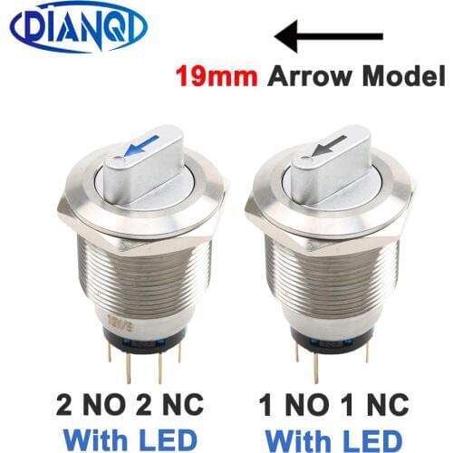 19mm Waterproof With LED rotate switch NO NC Arrow model switches metal Brass chrome Plastic surface DPDT 2 3 position ways