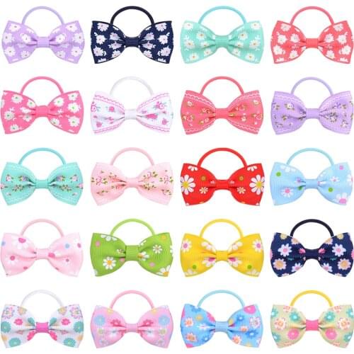 20pcs/lot Printed Flower Hair Bows Boutique Hair Scrunchie Kid Girl Elastic Hair Band Ponytail Holder Hair Rope Hair Accessories
