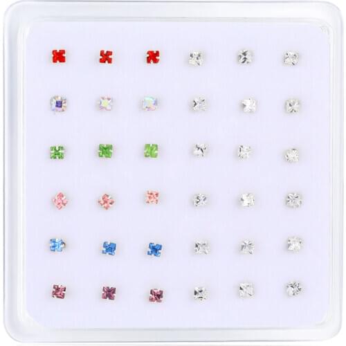 36 Pcs/set Clear Square Crystal Real 925 Sterling Silver Nose Stud Piercing pin straight Body Jewelry Ear Plugs Wholesale