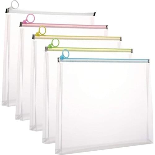5Pack/Set A5 Clear Plastic Durable and Waterproof Zipper Envelopes File Folder Assorted Colors for Office Document, Worksheet