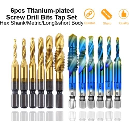 6pcs Screw Tap Drill Bits Set Hex Shank Titanium Plated HSS Thread Metric Tap Drill Bits Screw Compound Tap Screw Metal Drilling
