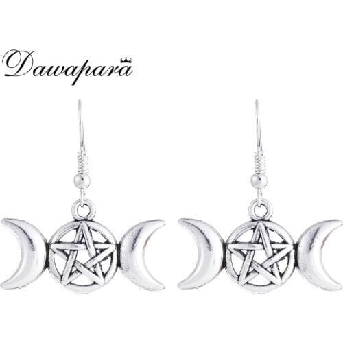 Dawapara Triple Moon Goddess Wicca Pentagram Magic Amulet Talisman earrings Moon earring Women Tibetan Vintage Jewelry