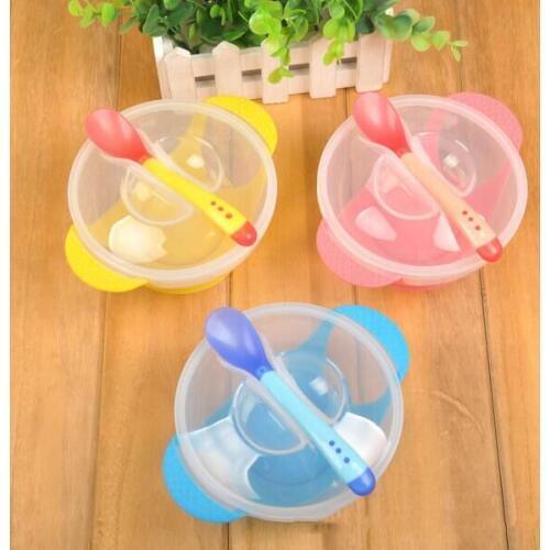 1 Set Baby Suction Cup Bowl Temperature Sensing Spoon and Cover Slip-resistant High-quality training materials Baby Bowl #43