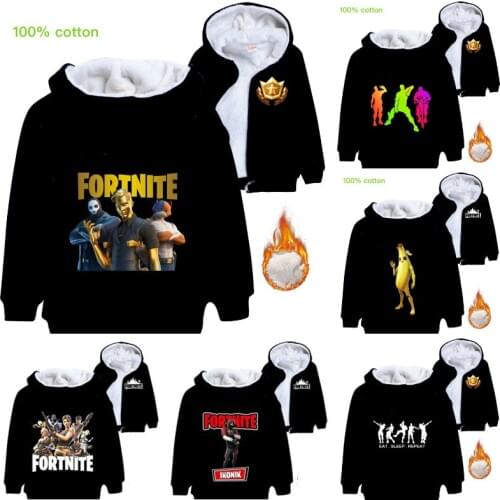 Fortnite Hooded Jacket Children Hoodies Winter Thick Warm Zipper Black Coat 100%Cotton Streetwear Boys Girls Clothes Sweatshirts