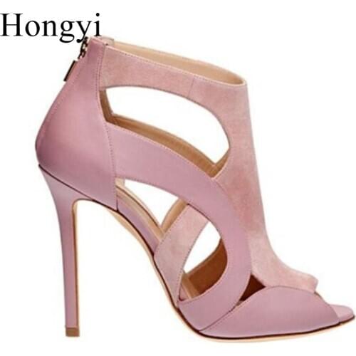 Hongyi Cute pink peep toe hollow out summer sandals fashion plus size 42 high heel sandal wedding party dress shoes woman sandal
