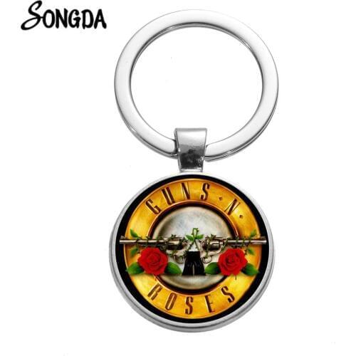 Hot Sale Guns N Roses Alloy Keychain Guns and Roses Pattern 3D Printed Fashion Glass Cabochon Key Chain Music Band Gifts