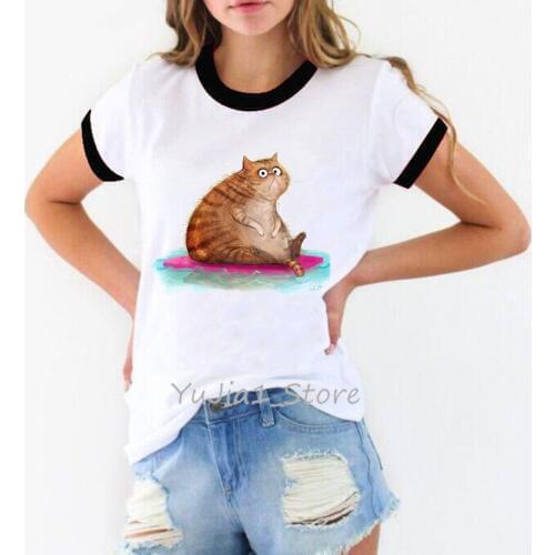 Cute fat cat print funny t shirts women roupas tumblr tshirt femme harajuku kawaii tops tee clothes summer camisas mujer t-shirt