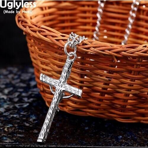 Uglyless Jesus Cross Necklaces for Men GOD BLESS U Thick Christian Crosses Pendants + 60CM Chains 925 Thai Silver Religious Gift
