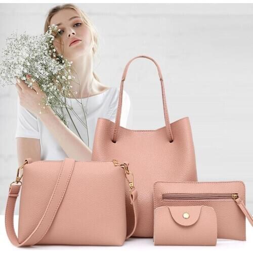 4Pcs Women Fashion Solid Color Soft Faux Leather Shoulder Bag Handbag Purse Set