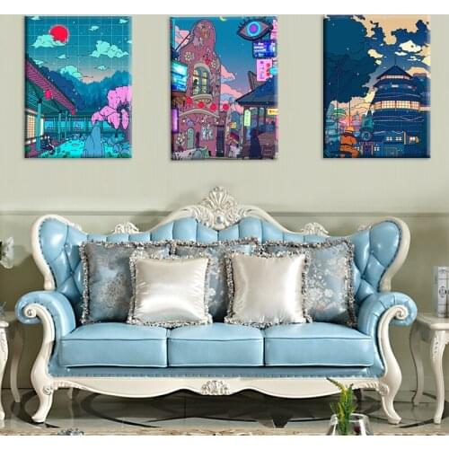 Canvas Wall Art HD Cartoon View Street Prints Poster Home Decoration Night Tree Cute Painting For Bedroom Modular Pictures Frame